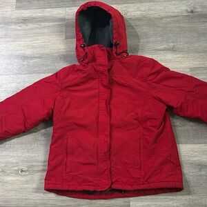 Lands End women’s winter jacket red with grey lining. Size Large 14-16